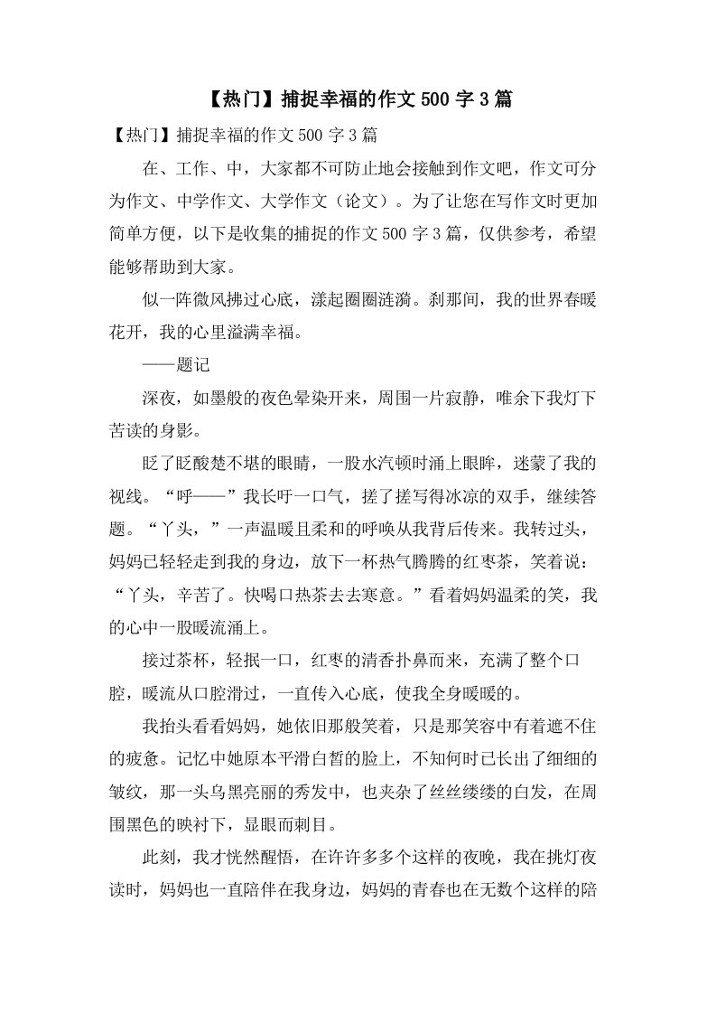 捕捉幸福的作文500字3篇