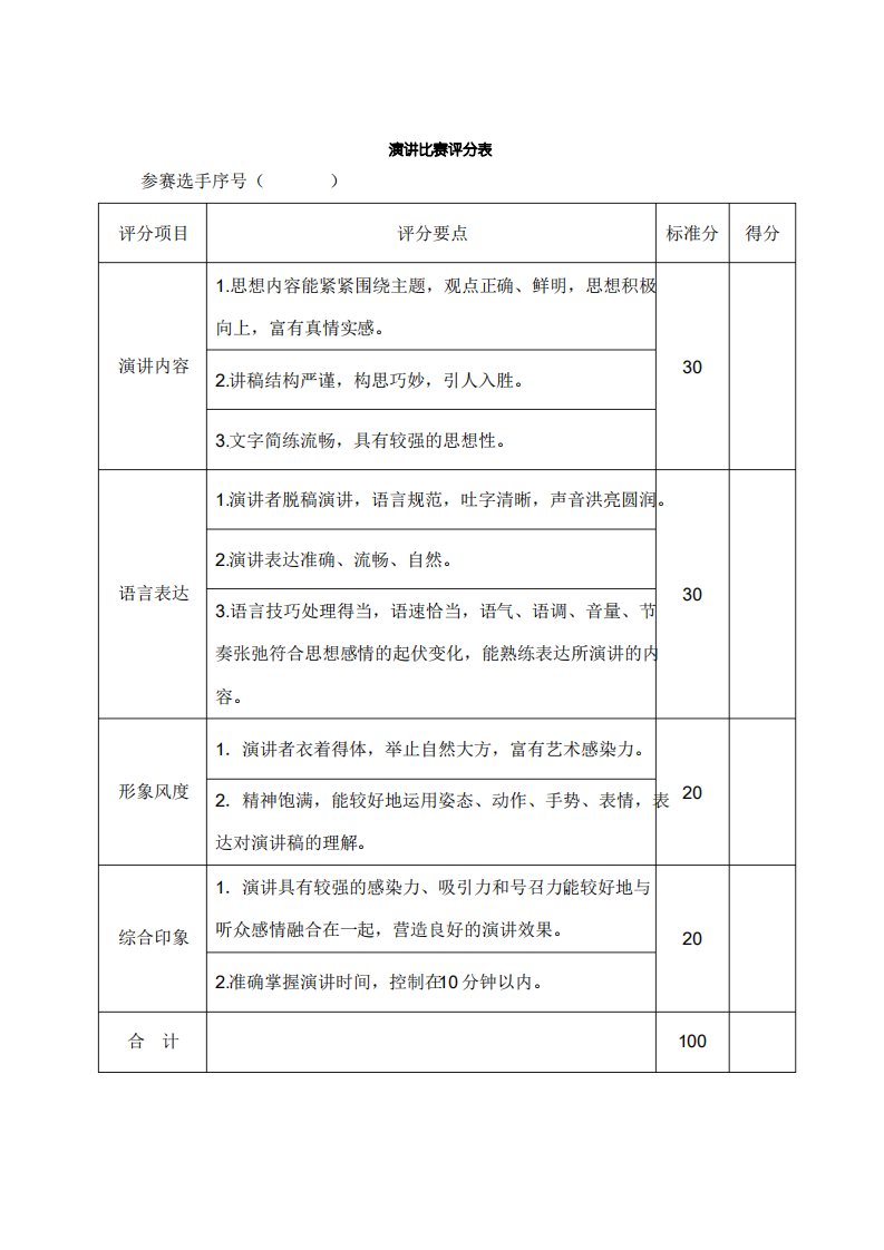 演讲比赛评分表和计分表