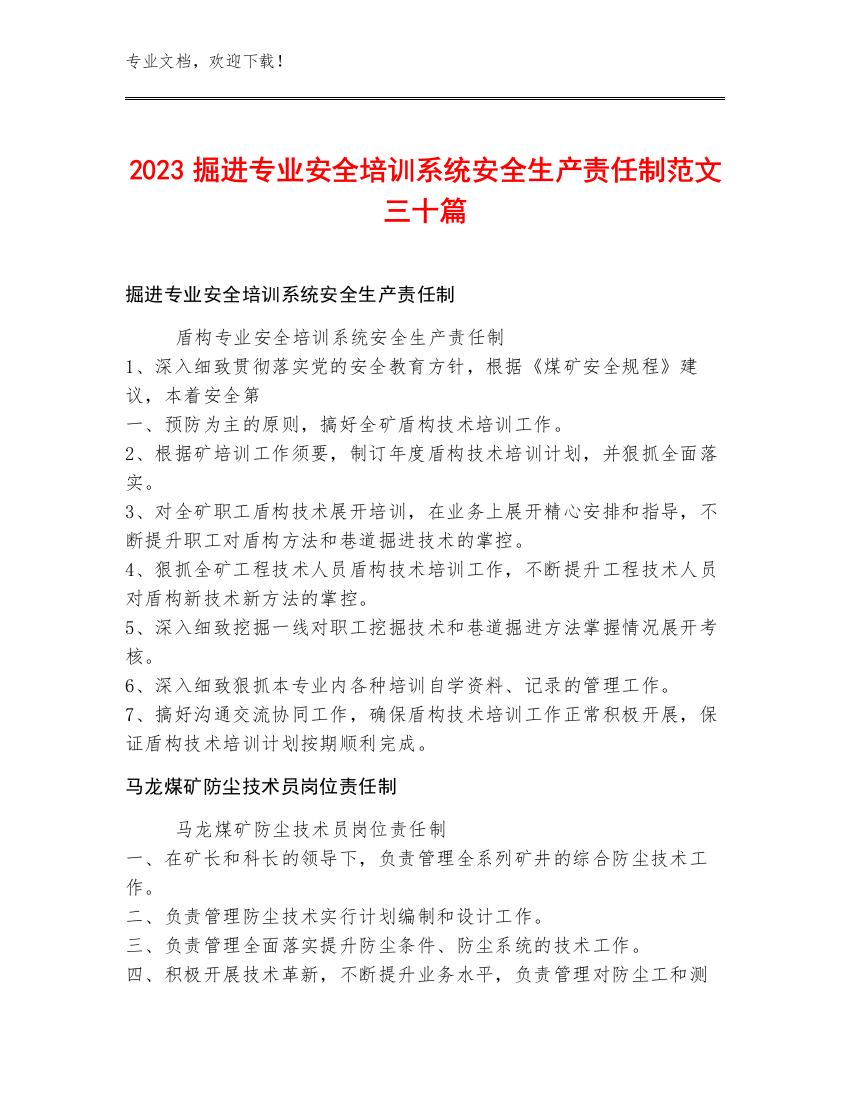 2023掘进专业安全培训系统安全生产责任制范文三十篇