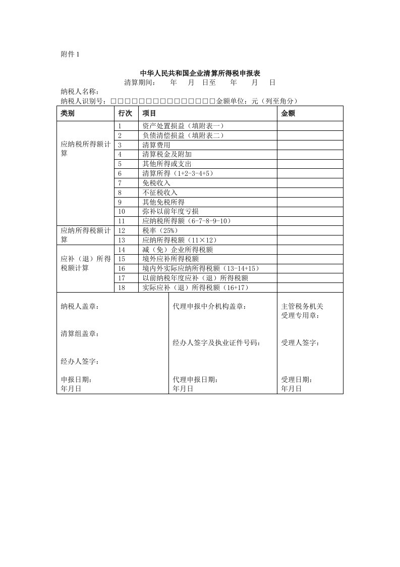 企业所得税清算报表