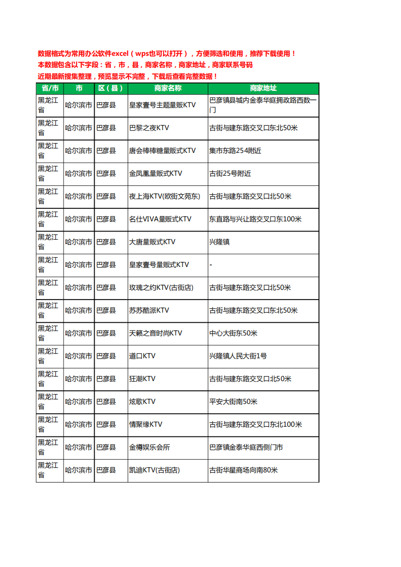 2020新版黑龙江省哈尔滨市巴彦县KTV工商企业公司商家名录名单联系电话号