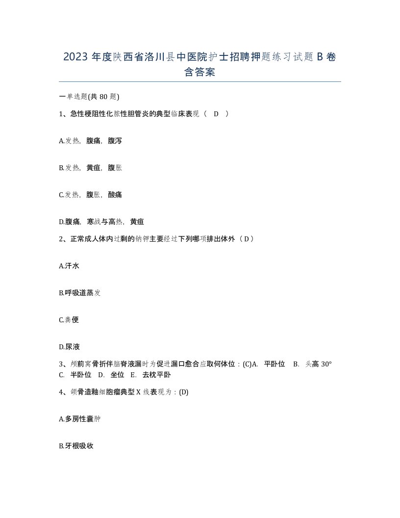 2023年度陕西省洛川县中医院护士招聘押题练习试题B卷含答案