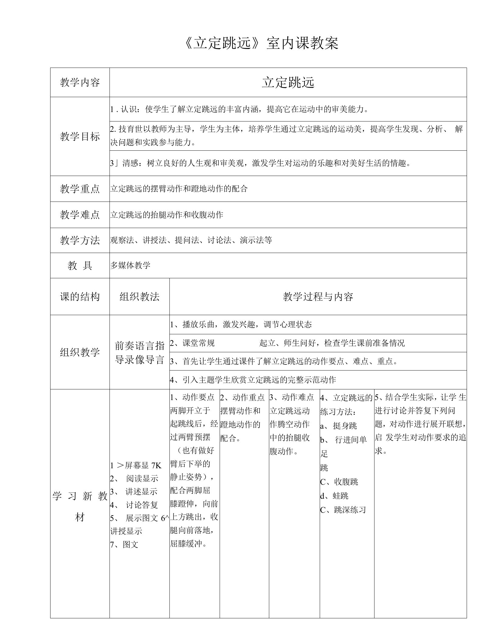 《立定跳远》室内课教案教学内容立定跳远教