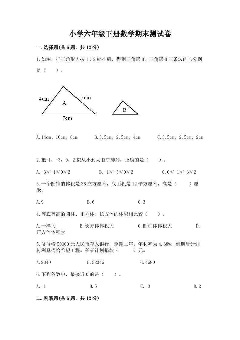 小学六年级下册数学期末测试卷（各地真题）word版