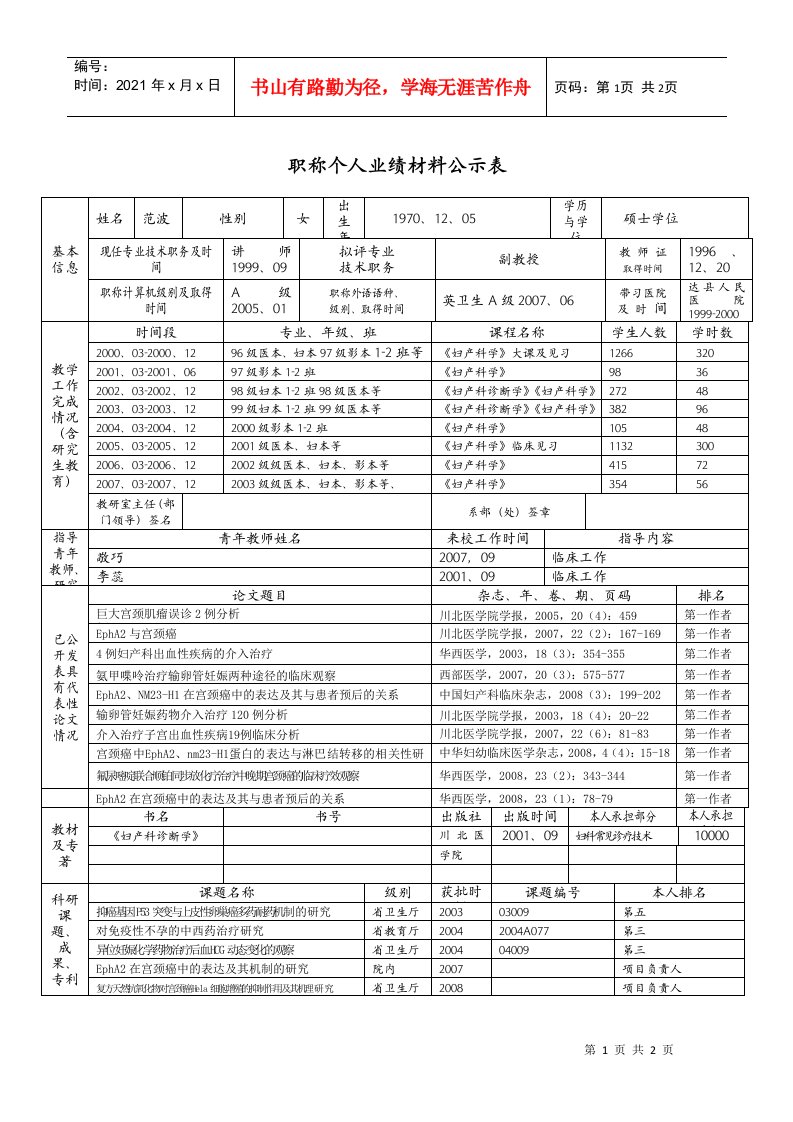 职称个人业绩材料公示表