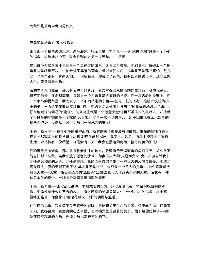 死角即是转角中考满分作文