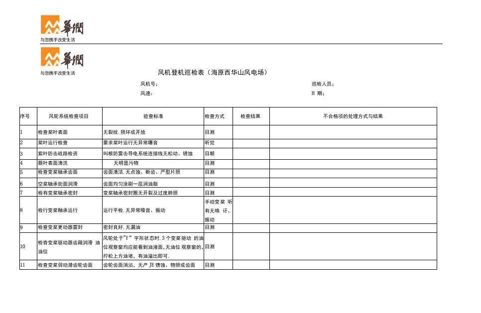 华润海原西华山风电场风机登机巡检表