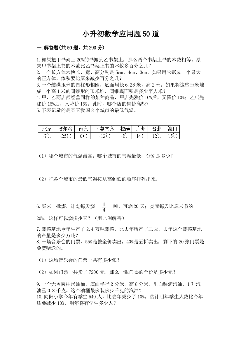 小升初数学应用题50道含答案（名师推荐）