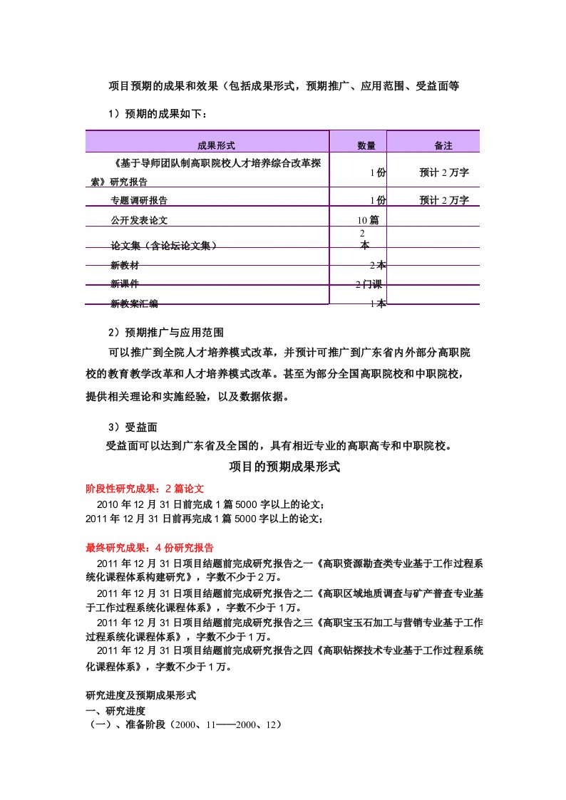 项目预期的成果和效果