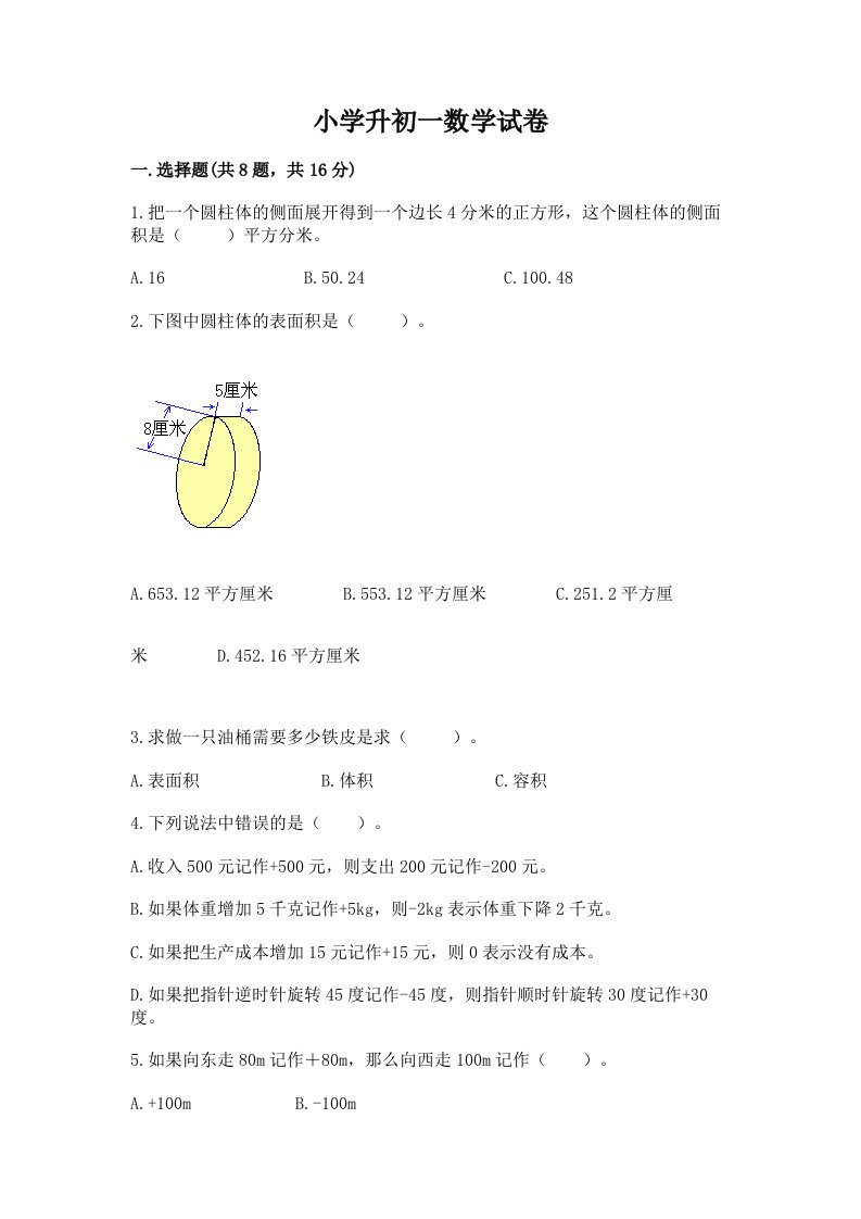 小学升初一数学试卷【达标题】