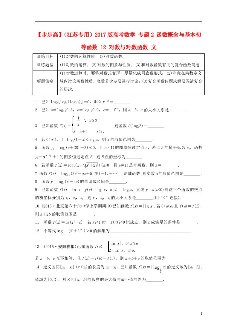 （江苏专用）2017版高考数学