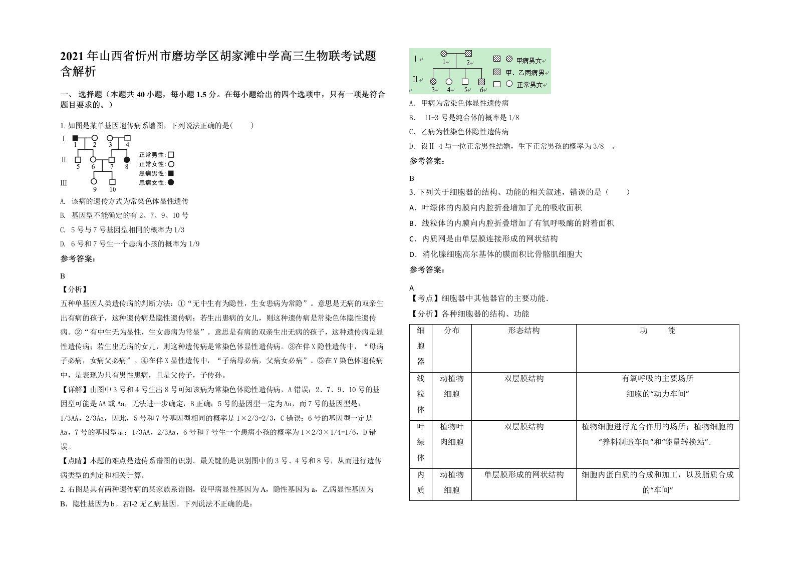 2021年山西省忻州市磨坊学区胡家滩中学高三生物联考试题含解析