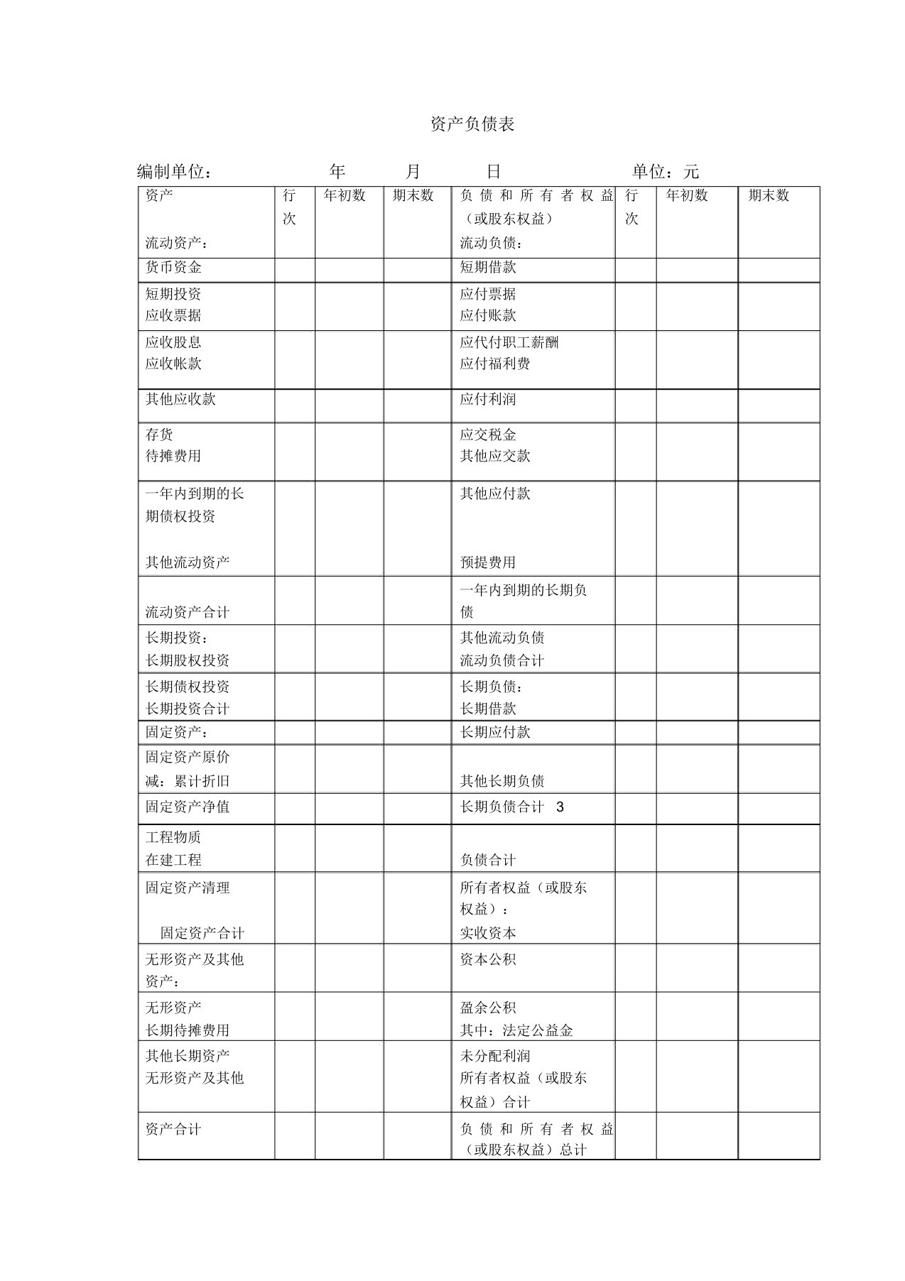 资产负债表空白表格