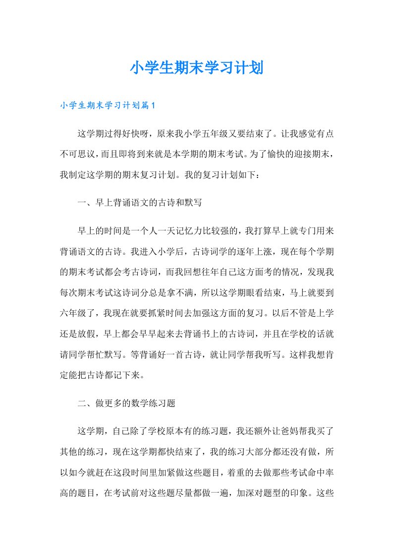 小学生期末学习计划