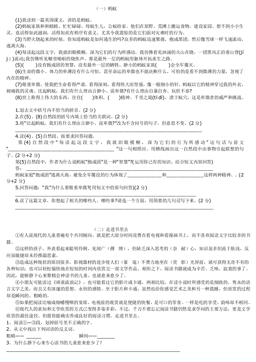 (完整版)人教版小学六年级课外阅读练习题(含答案)