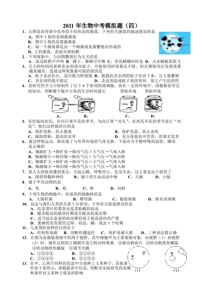 人教版生物中考模拟题