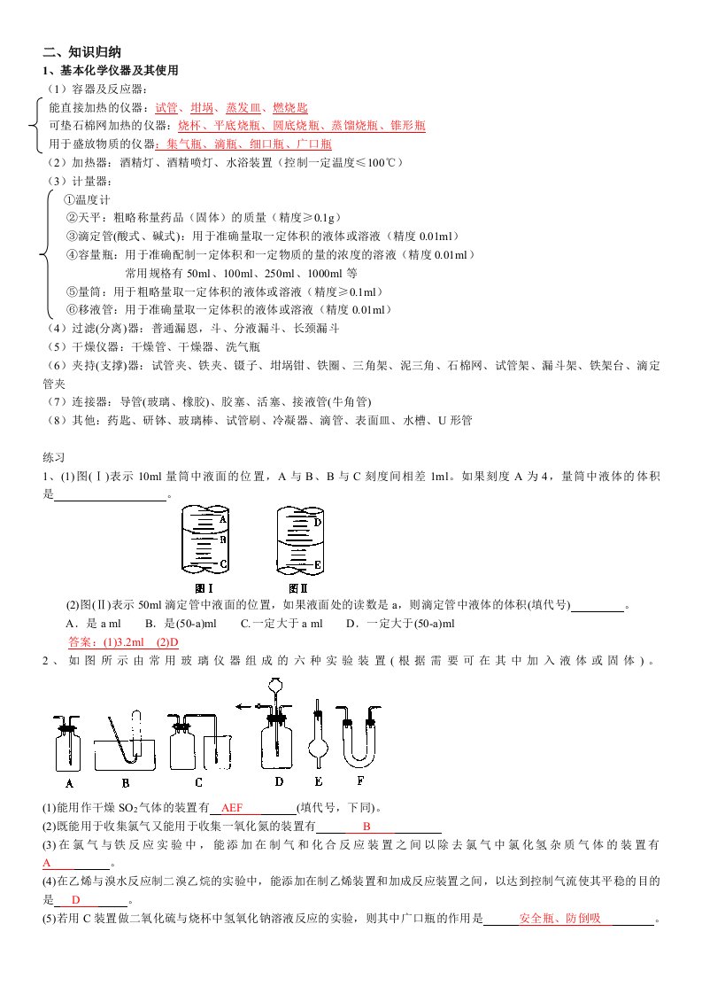 高中化学实验题复习要点及配套题