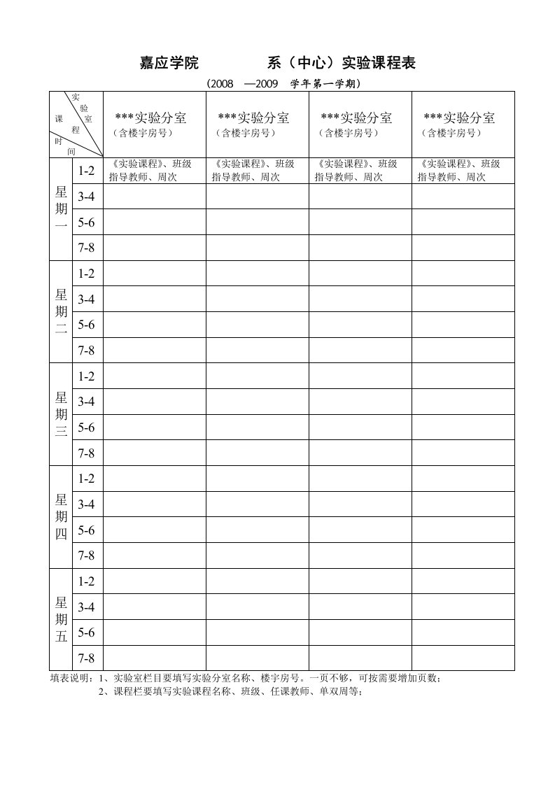 嘉应学院系（中心）实验课程表