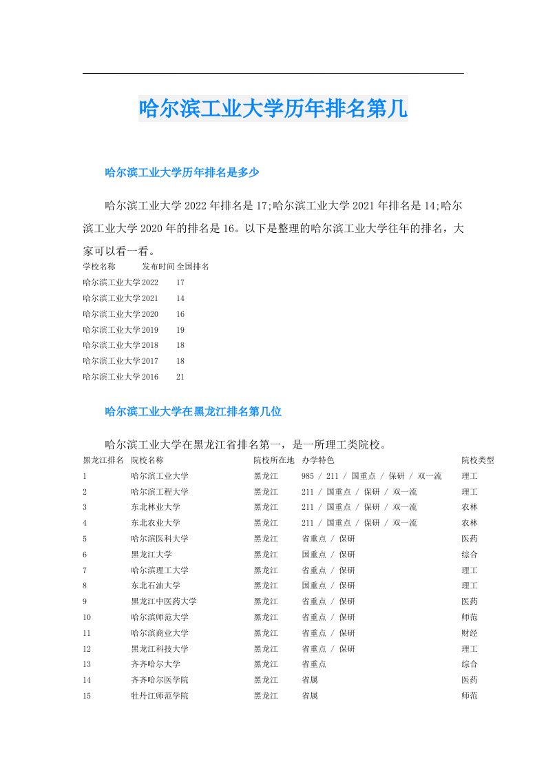 哈尔滨工业大学历年排名第几