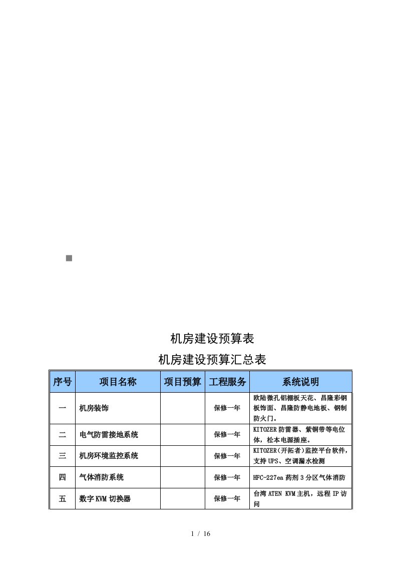 机房建设预算表汇编