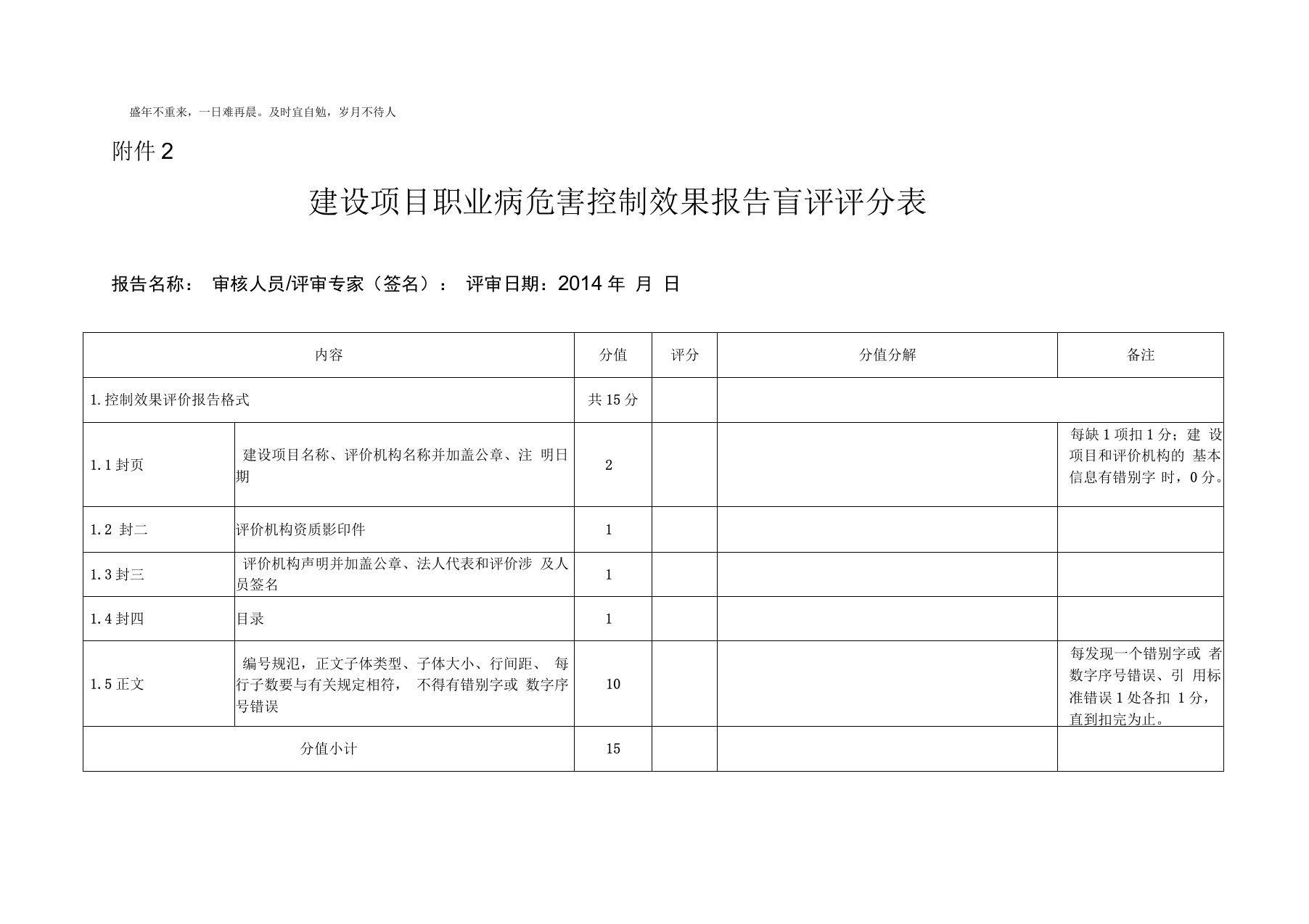 用人单位职业病危害评价报告内审评分表