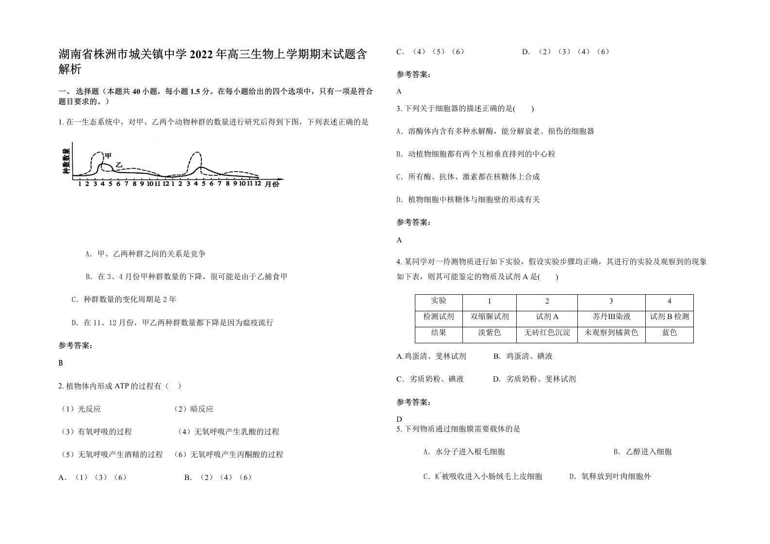 湖南省株洲市城关镇中学2022年高三生物上学期期末试题含解析