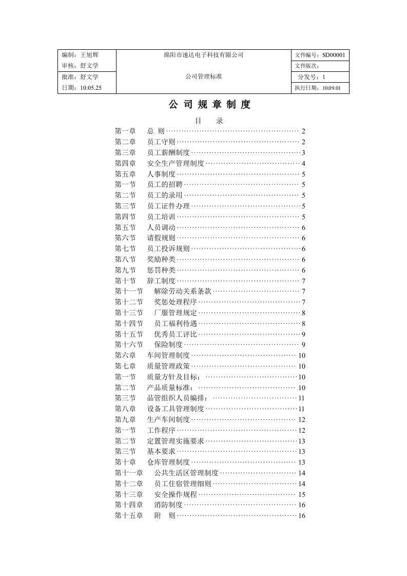 建筑资料-速达电子科技有限公司管理制度