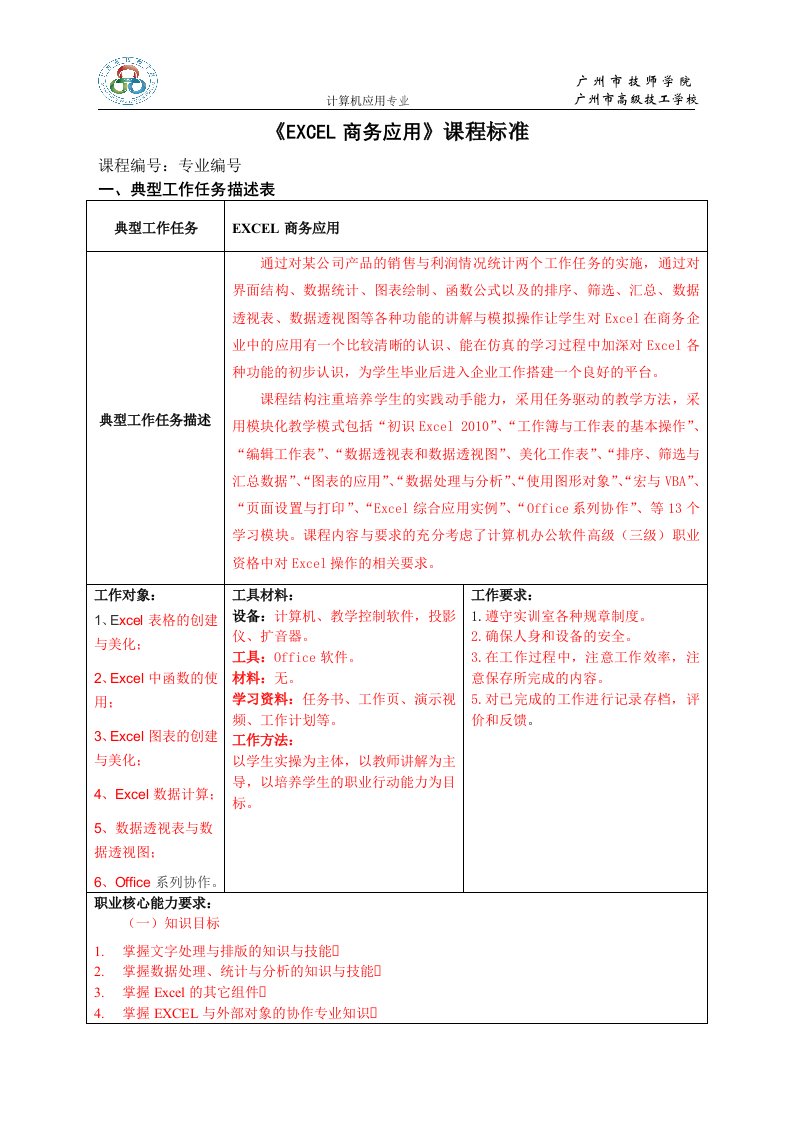 《EXCEL商务应用》一体化课程标准