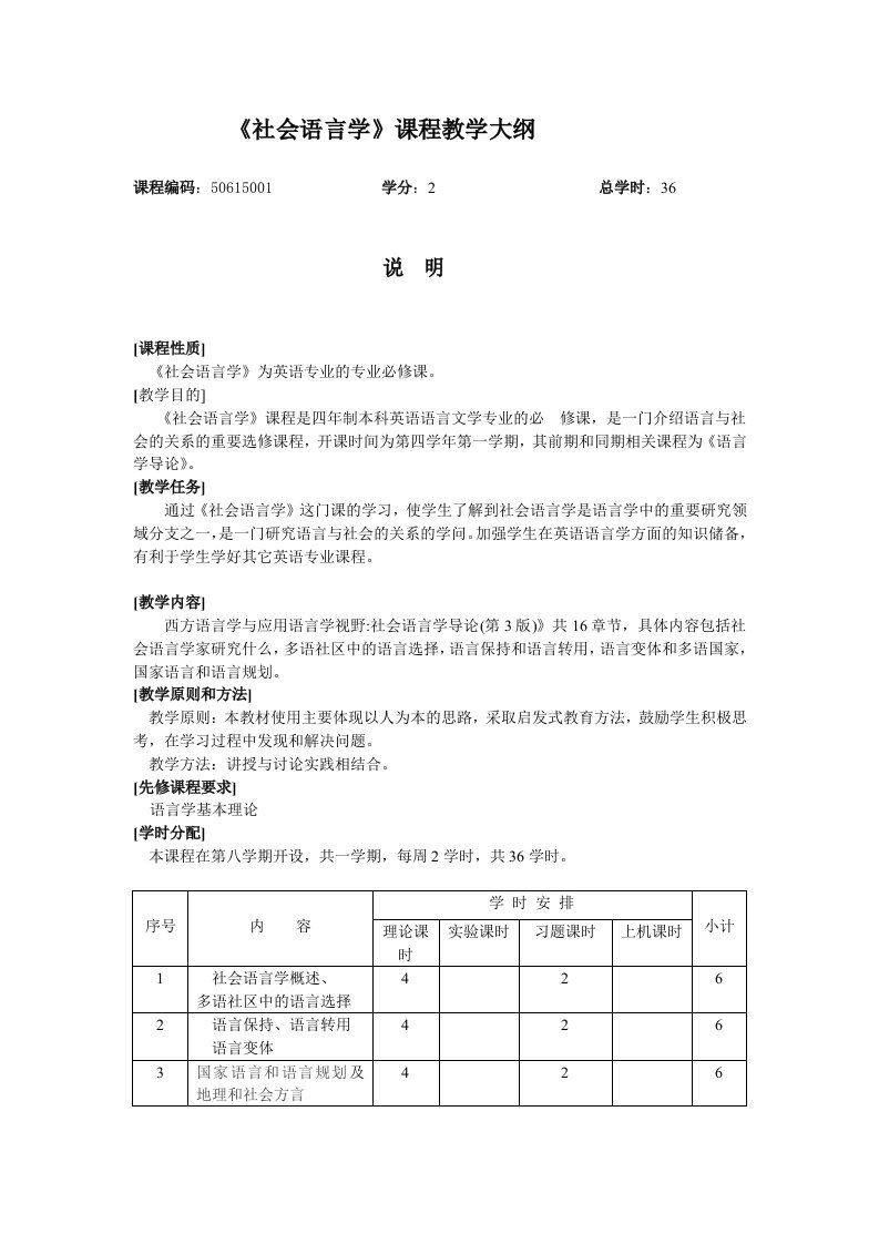 《社会语言学》课程教学大纲