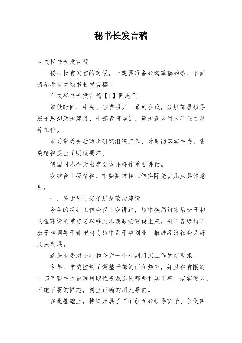 秘书长发言稿