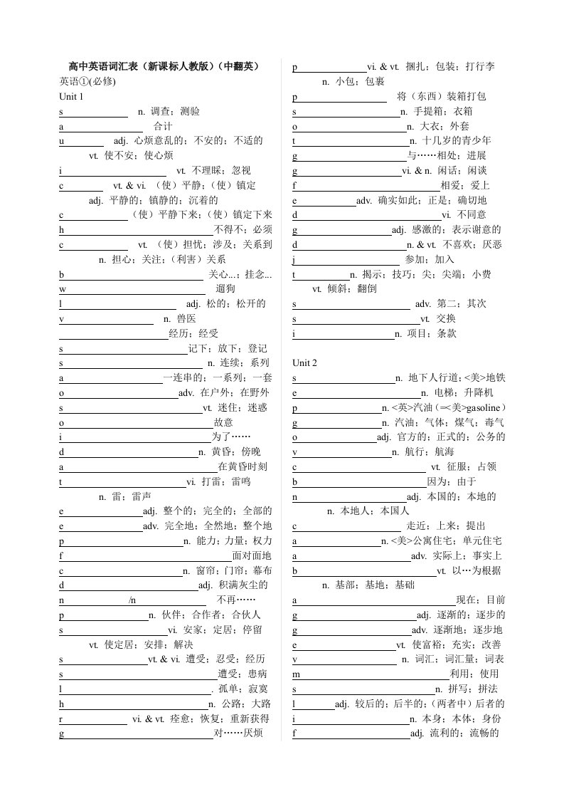 新课标人教版高中英语词汇表(必修1)(中翻英)Unit1-Unit