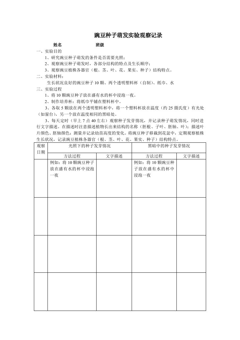 植物种子萌发实验记录表