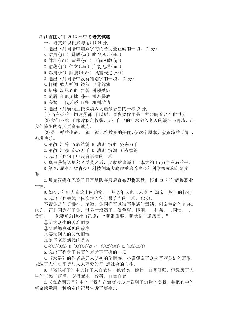 浙江省丽水市2013年中考语文试题