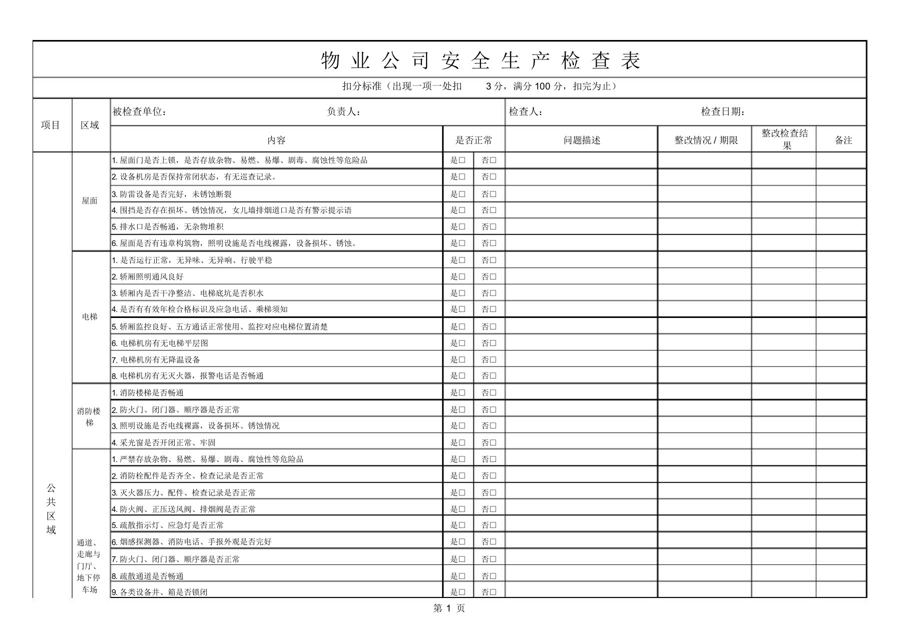 物业公司安全生产检查表