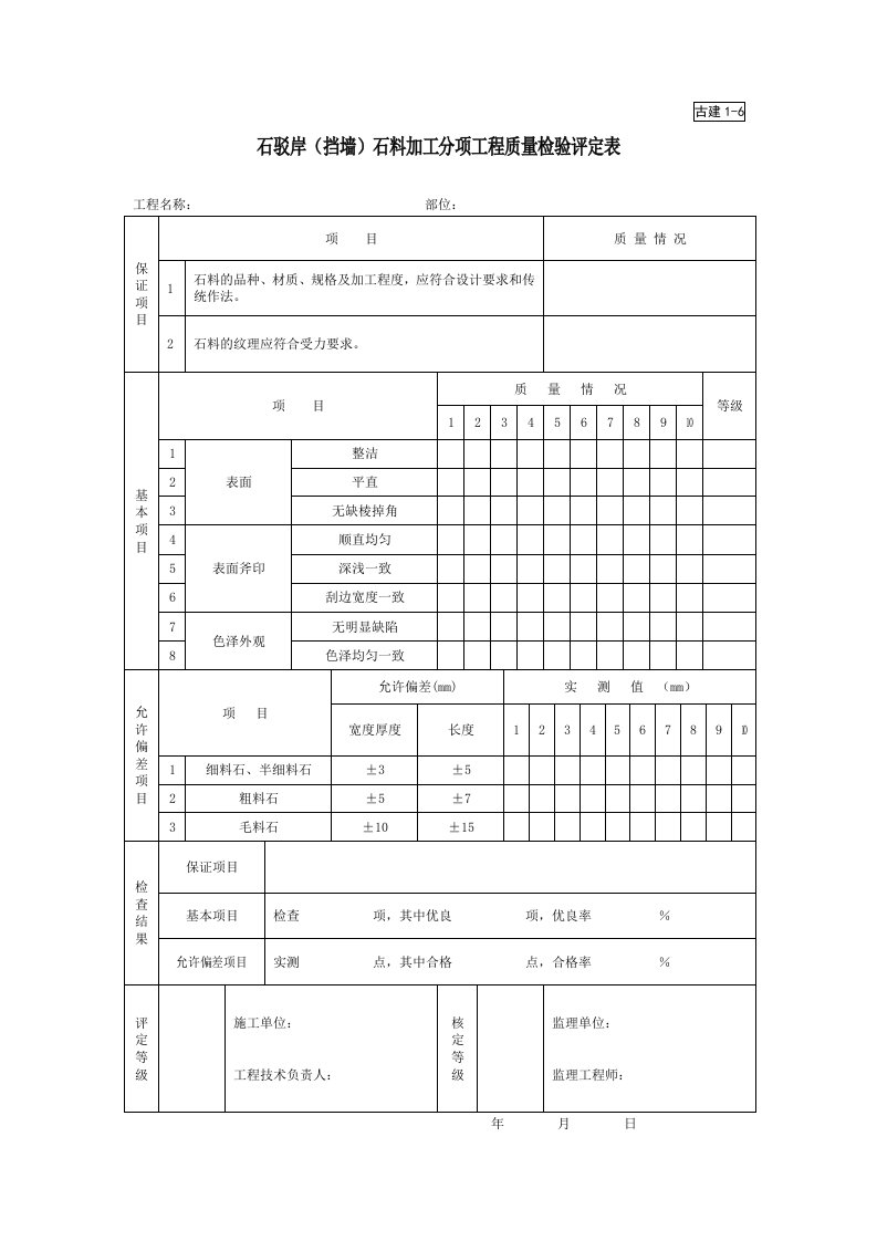 建筑工程-古建16石驳岸挡墙石料加工分项工程质量检验评定表