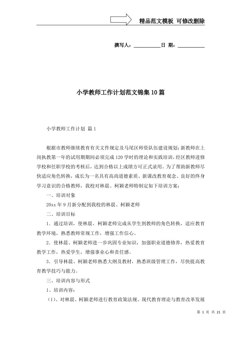 2022年小学教师工作计划范文锦集10篇