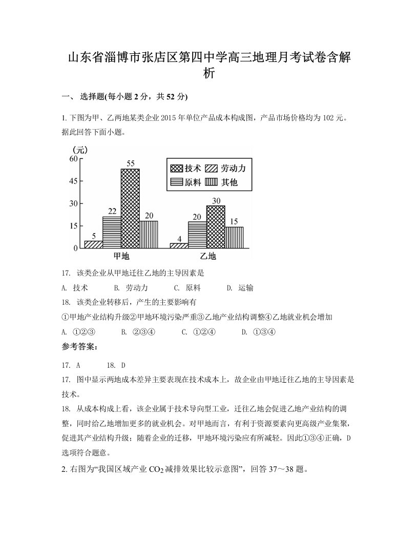 山东省淄博市张店区第四中学高三地理月考试卷含解析