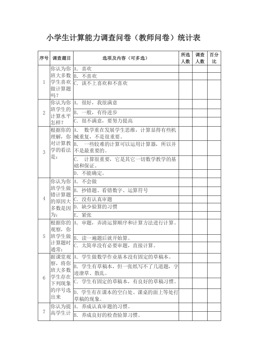 小学生计算能力调查问卷(教师）