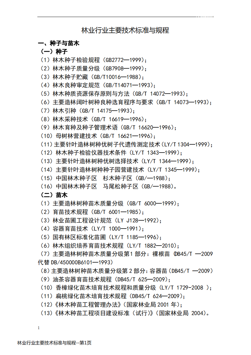 林业行业主要技术标准与规程