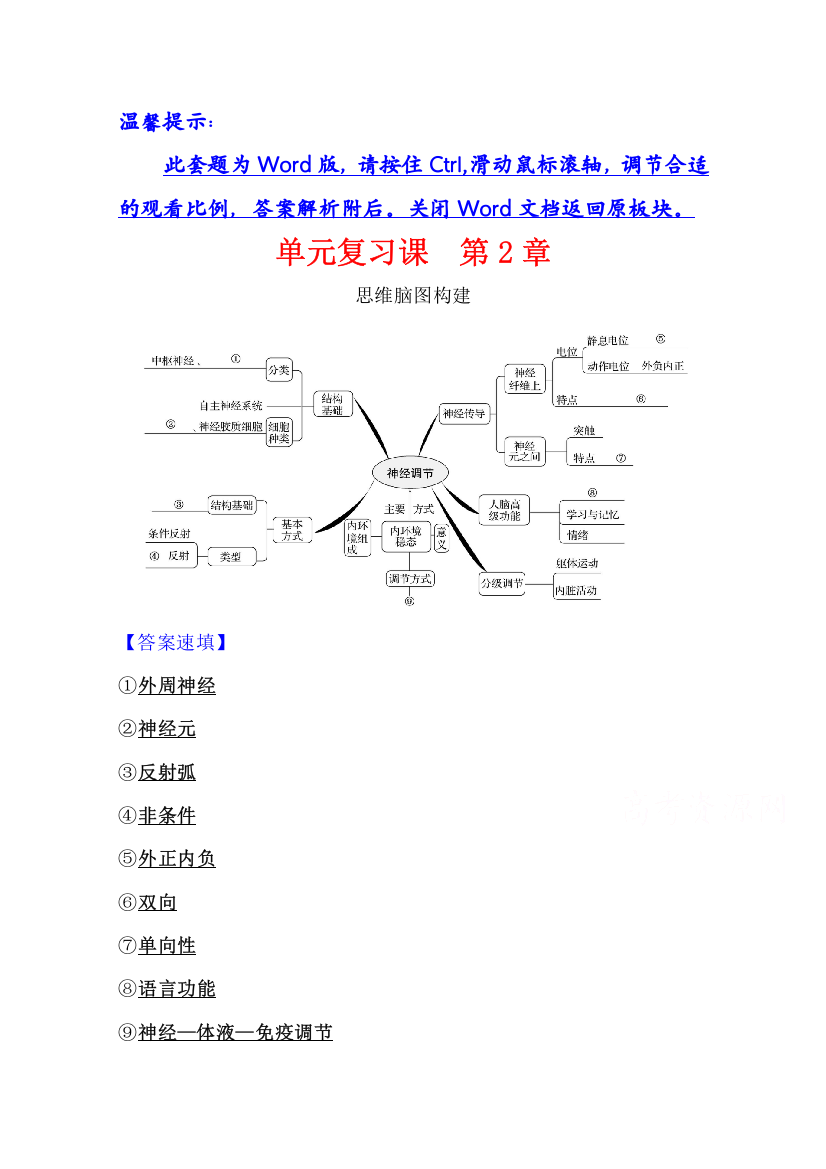 （新教材）2021-2022学年人教版生物选择性必修第一册学案：单元复习课