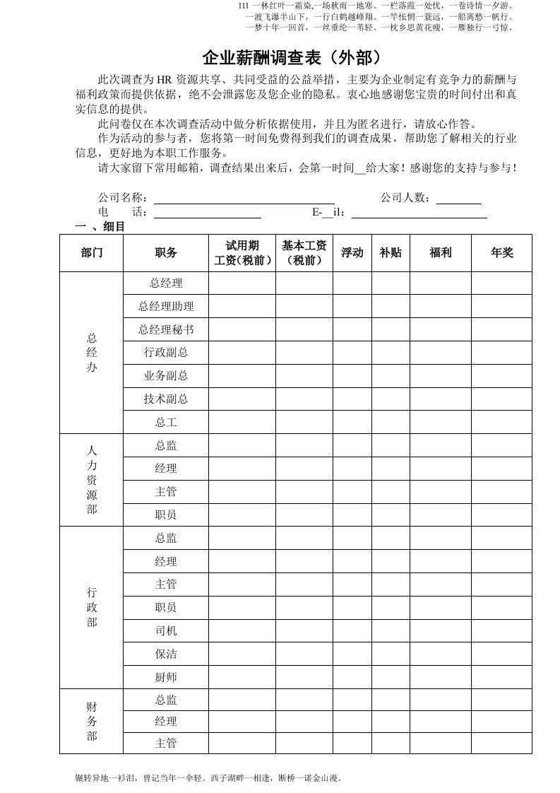 企业外部薪酬调查表