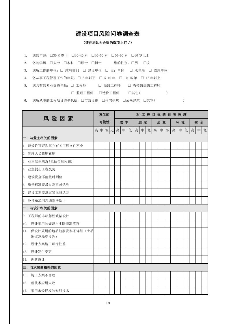 建设项目风险问卷调查表