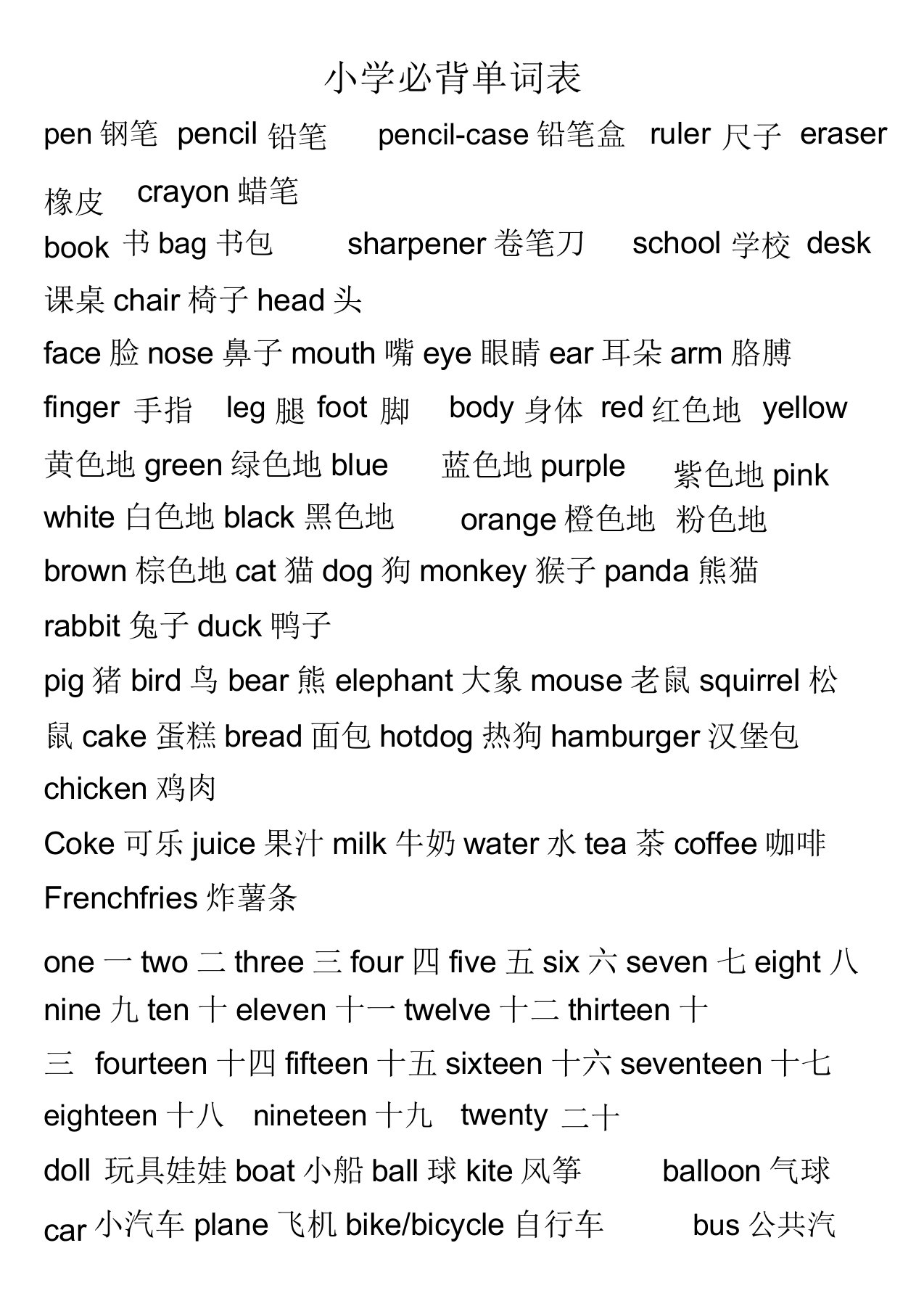 小学生英语必背单词表【全已排版可打印】