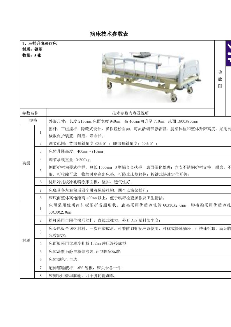 病床技术参数表