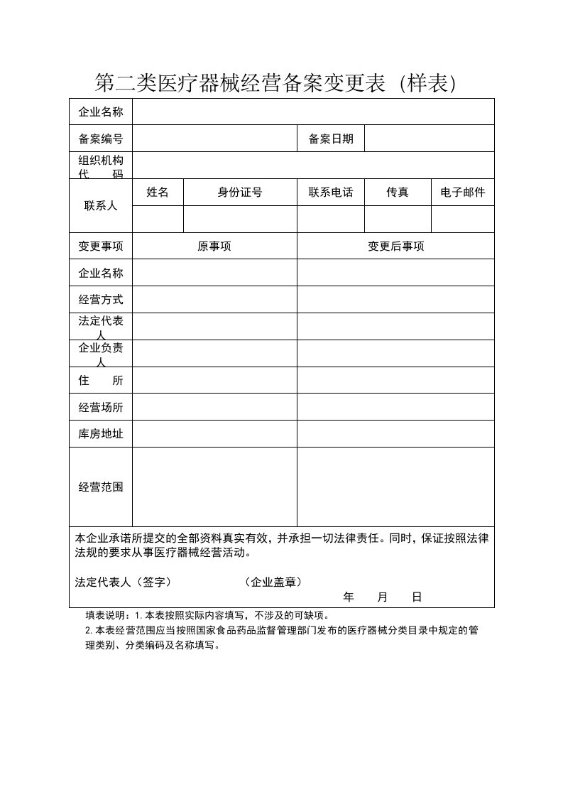 第二类医疗器械经营备案变更表（样表）