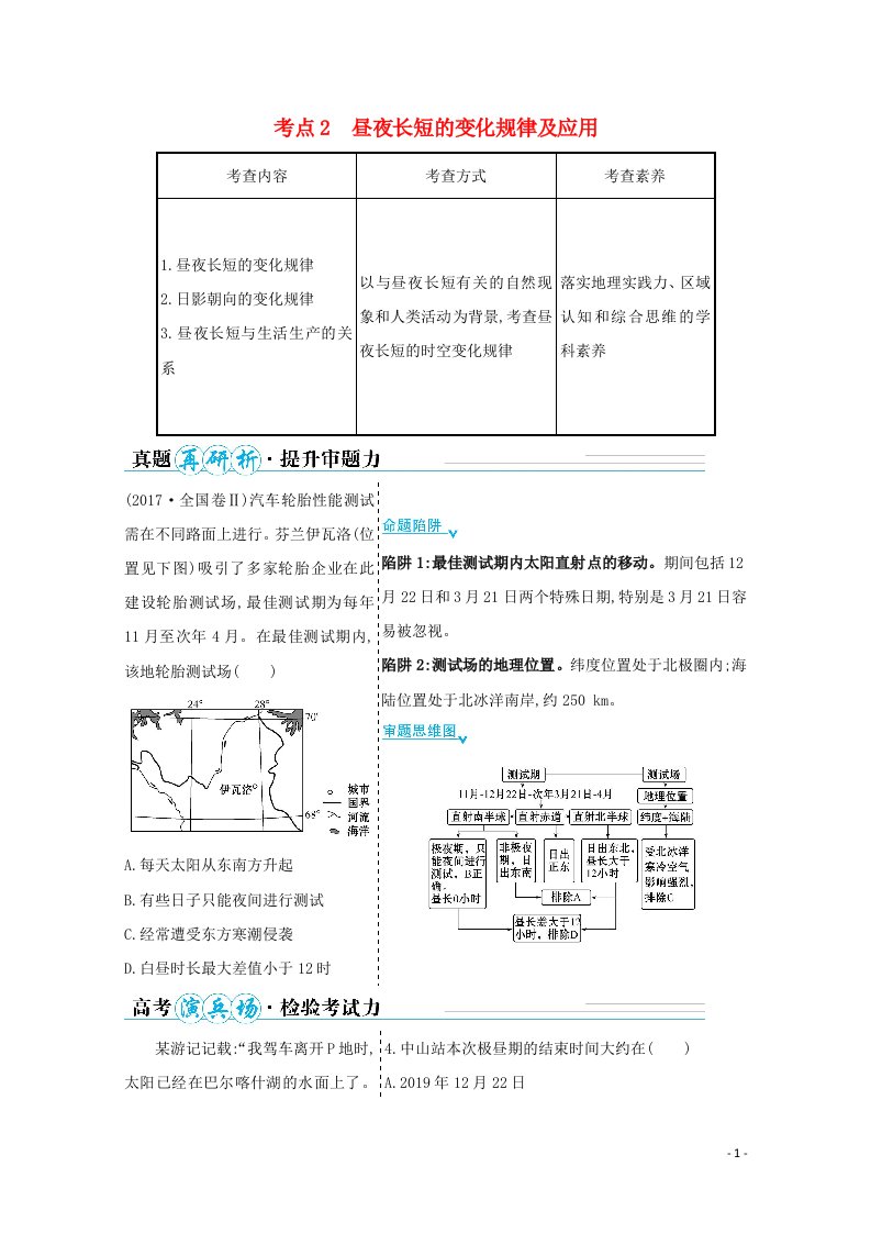 山东专用2021年高考地理二轮复习第一篇专题一考点2昼夜长短的变化规律及应用学案