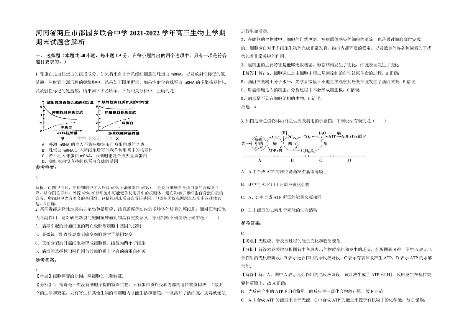 河南省商丘市邵园乡联合中学2021-2022学年高三生物上学期期末试题含解析