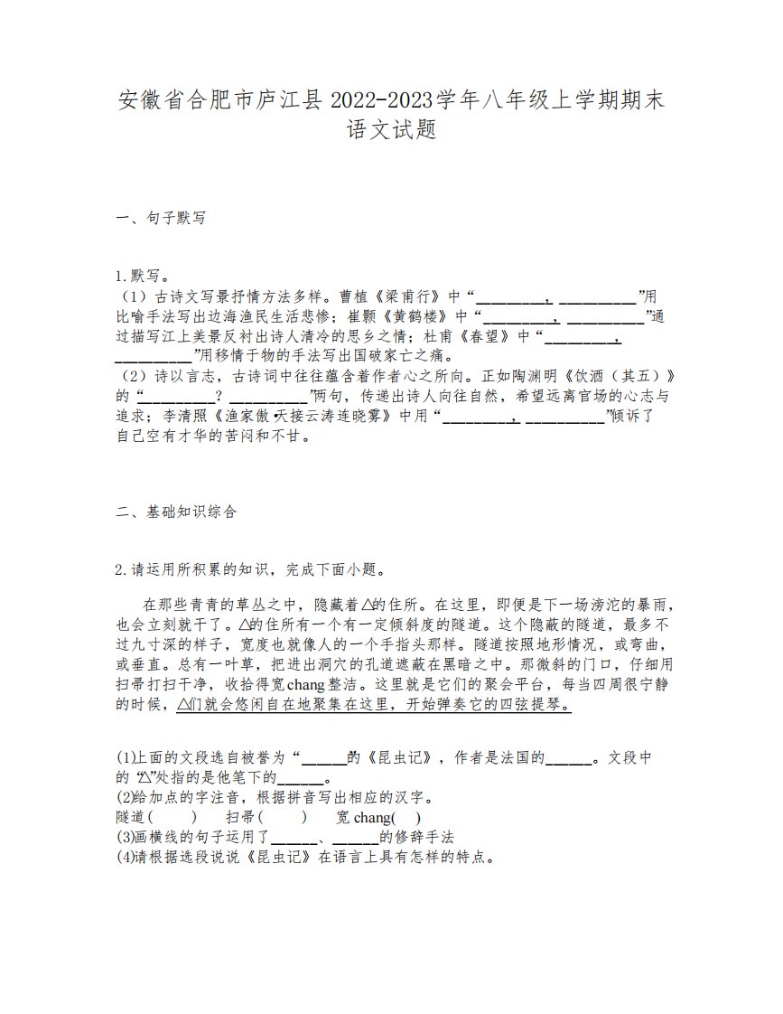 安徽省合肥市庐江县2022-2023学年八年级上学期期末语文试题