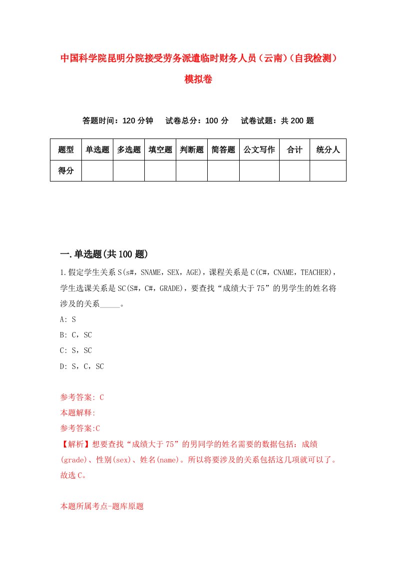 中国科学院昆明分院接受劳务派遣临时财务人员云南自我检测模拟卷7