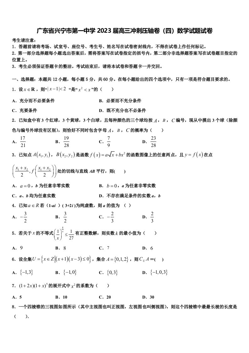 广东省兴宁市第一中学2023届高三冲刺压轴卷（四）数学试题试卷